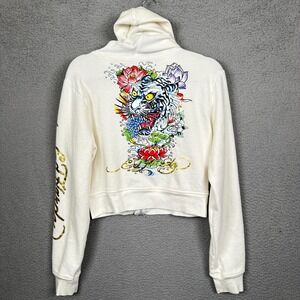 Ed Hardy Hoodie Women XL White Cropped Tiger Eagle Skull Snake Floral Tattoo Y2K